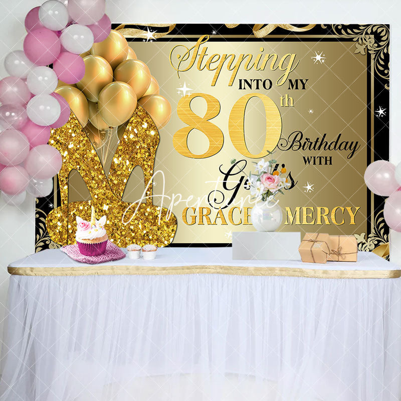 Aperturee - Gold Glitter Heels Stepping into 80th Birthday Backdrop