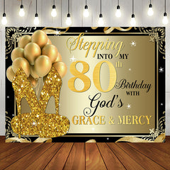 Aperturee - Gold Glitter Heels Stepping into 80th Birthday Backdrop