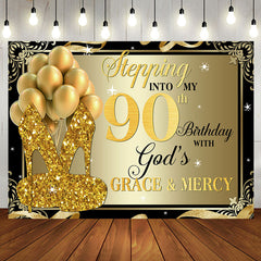 Aperturee - Gold Glitter Heels Stepping into 90th Birthday Backdrop