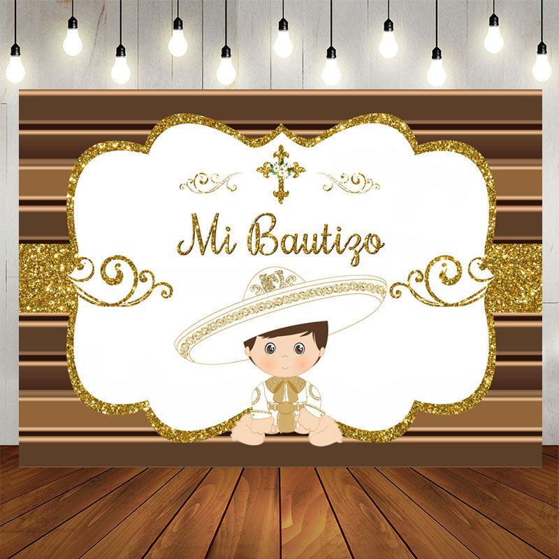 Aperturee - Gold Glitter Mi Bautizo White Baby Shower Backdrop