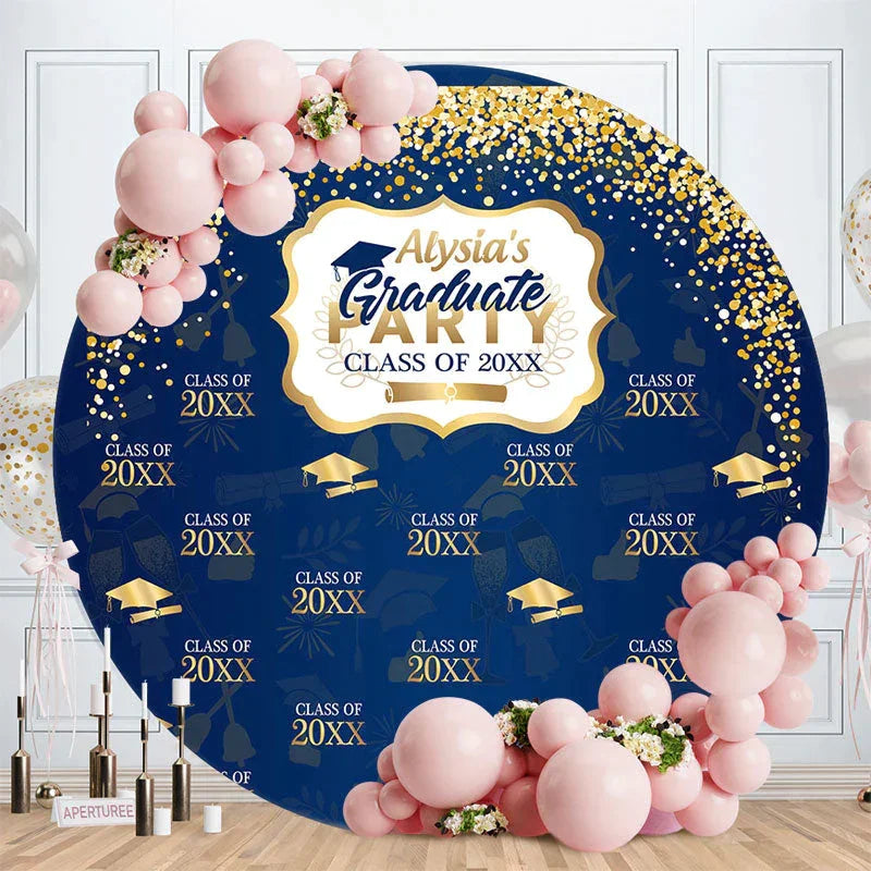 Aperturee Gold Glitter Navy Blue Round Graduation Party Backdrop