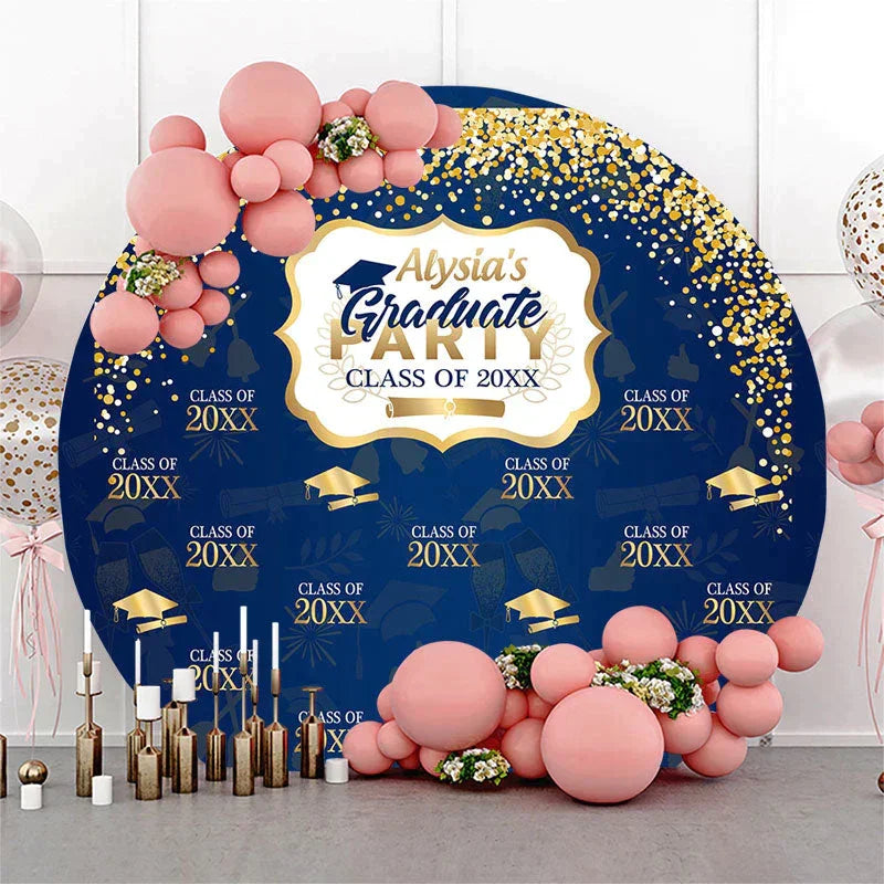 Aperturee Gold Glitter Navy Blue Round Graduation Party Backdrop