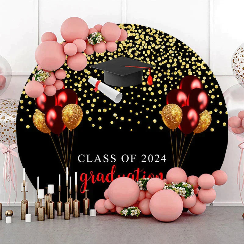 Aperturee Gold Glitter Purple Balloons Black Round Grad Backdrop