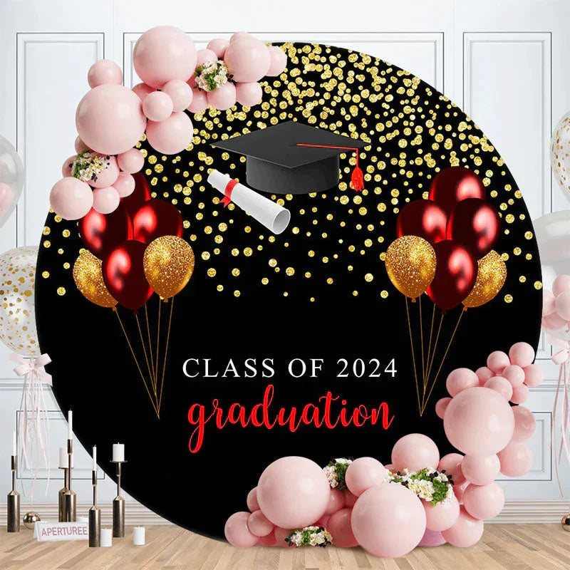 Aperturee Gold Glitter Purple Balloons Black Round Grad Backdrop