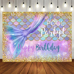 Aperturee - Gold Glitter Purple Mermaid Pool Birthday Party Backdrop