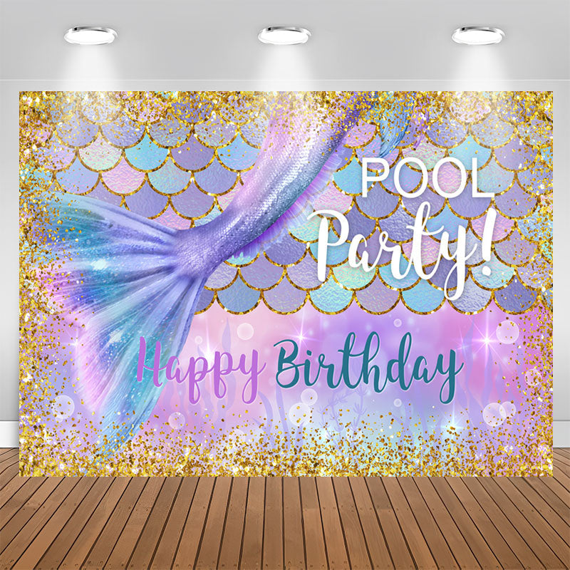 Aperturee - Gold Glitter Purple Mermaid Pool Birthday Party Backdrop