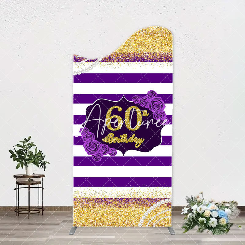 Aperturee - Gold Glitter Purple Stripe Arch 60th Birthday Backdrop