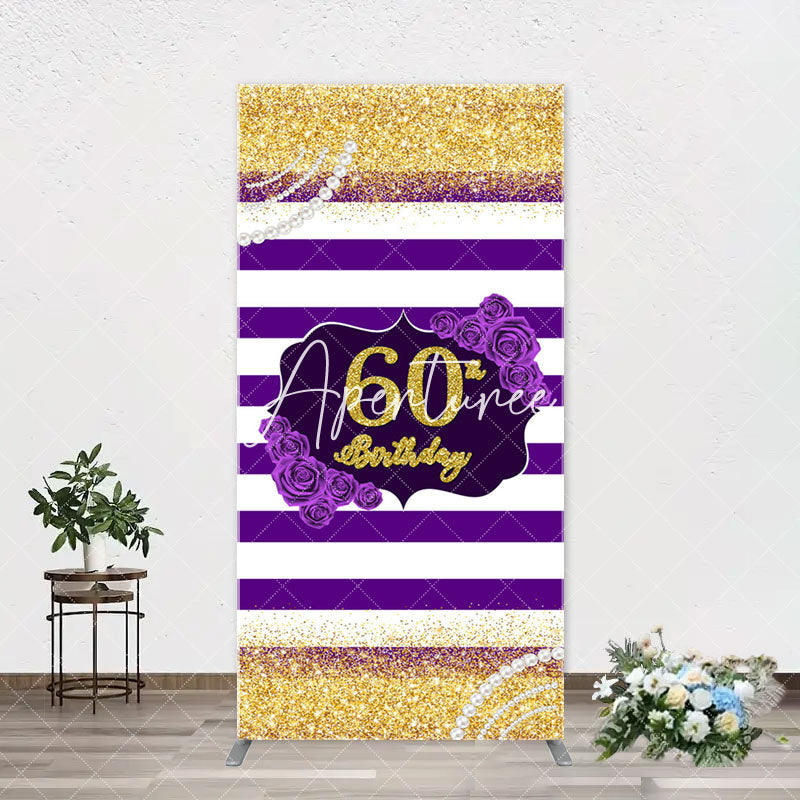 Aperturee - Gold Glitter Purple Stripe Arch 60th Birthday Backdrop