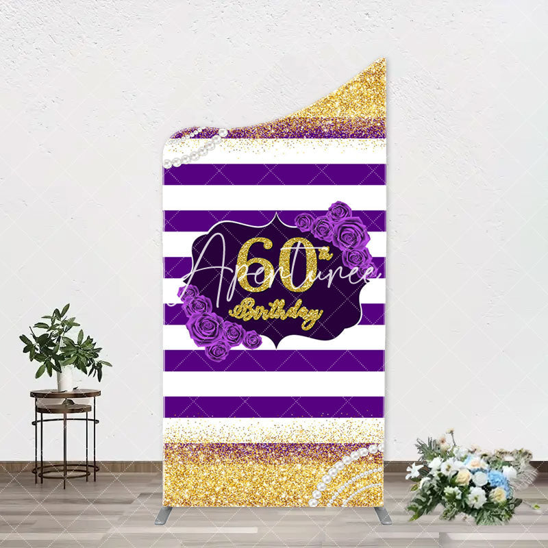 Aperturee - Gold Glitter Purple Stripe Arch 60th Birthday Backdrop