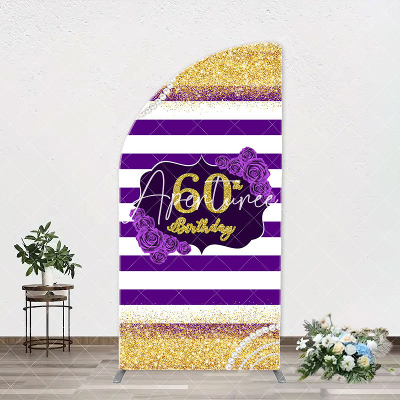 Aperturee - Gold Glitter Purple Stripe Arch 60th Birthday Backdrop