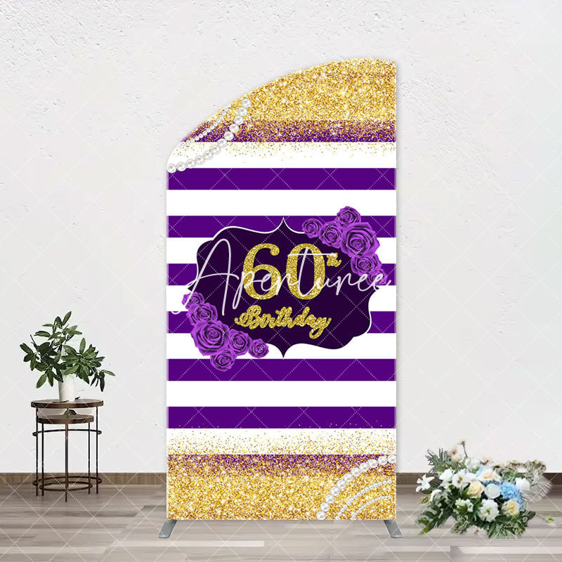 Aperturee - Gold Glitter Purple Stripe Arch 60th Birthday Backdrop