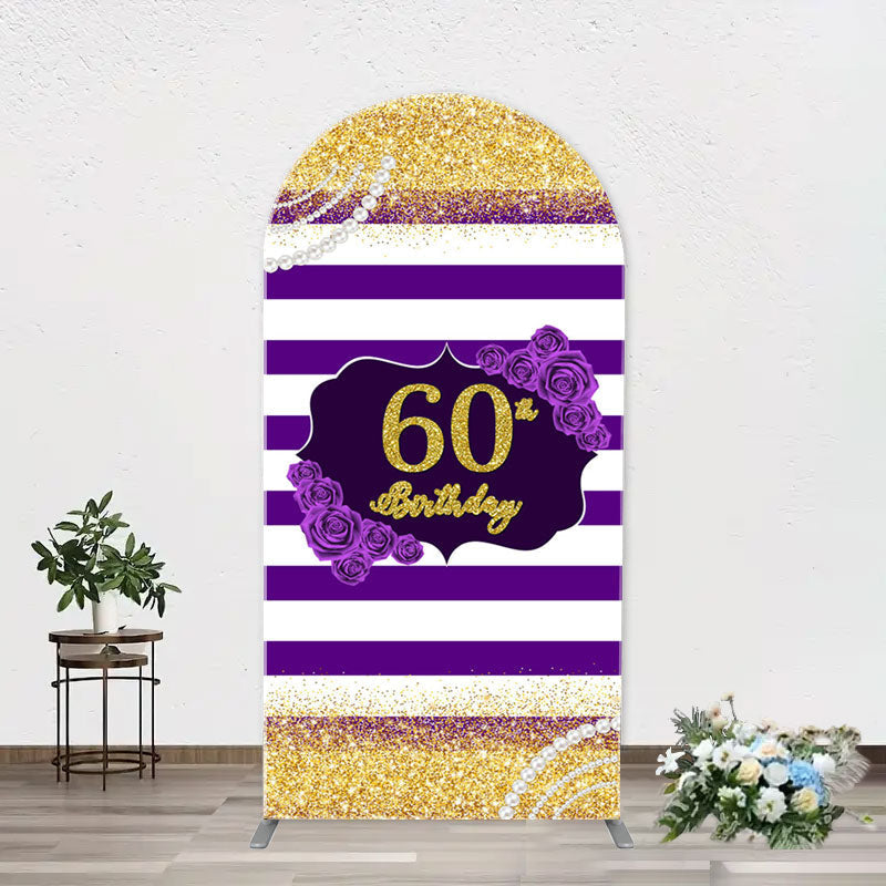 Aperturee - Gold Glitter Purple Stripe Arch 60th Birthday Backdrop