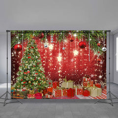 Aperturee - Gold Glitter Star Tree Gift Red Christmas Backdrop