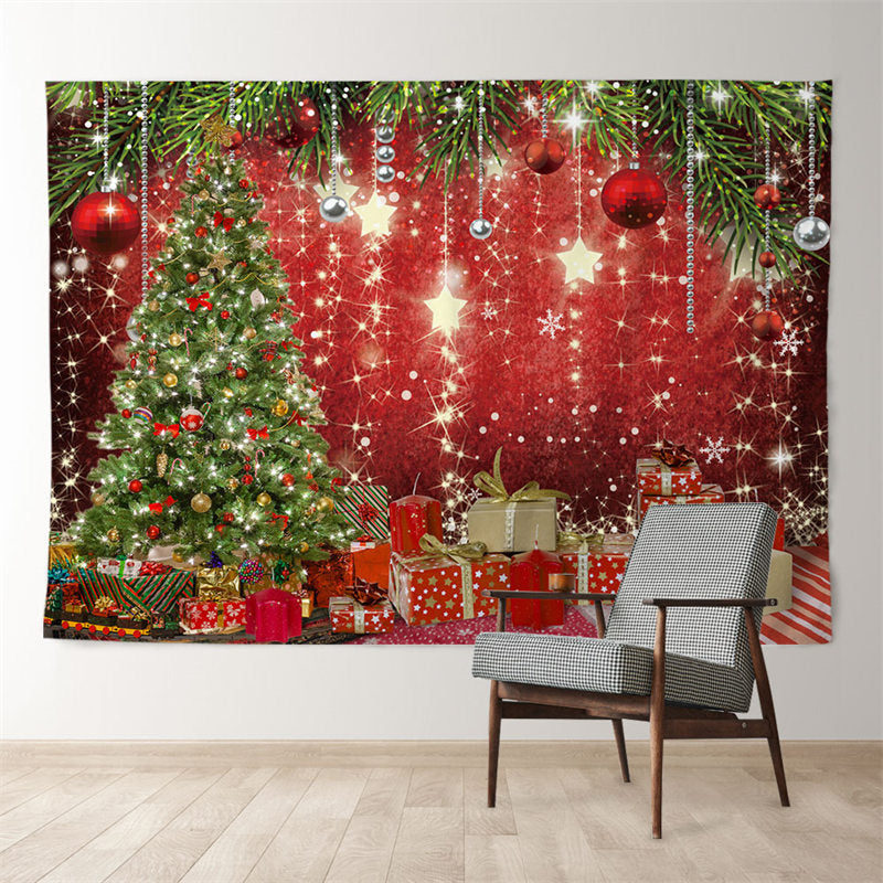 Aperturee Gold Glitter Star Tree Gift Red Christmas Backdrop