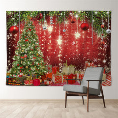 Aperturee - Gold Glitter Star Tree Gift Red Christmas Backdrop