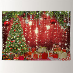 Aperturee - Gold Glitter Star Tree Gift Red Christmas Backdrop