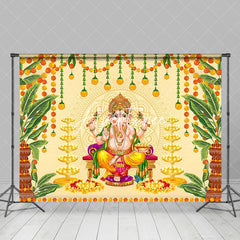 Aperturee - Gold Green Leaves Religious Ganesha Worship Backdrop