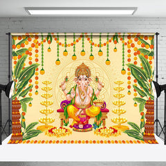 Aperturee - Gold Green Leaves Religious Ganesha Worship Backdrop