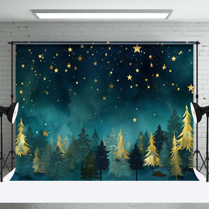 Aperturee - Gold Green Pine Forest Stars Christmas Backdrop