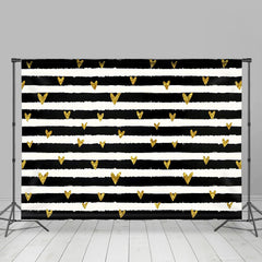 Aperturee - Gold Heart Black White Strip Valentines Day Backdrop