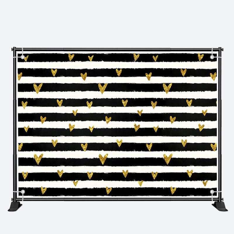 Aperturee - Gold Heart Black White Strip Valentines Day Backdrop