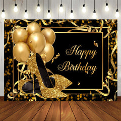 Aperturee - Gold Heels and Balloons Black Happy Birthday Backdrop