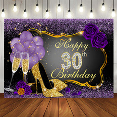 Aperturee - Gold High Heels Purple Roses 30th Birthday Backdrop