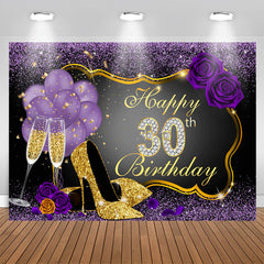 Aperturee - Gold High Heels Purple Roses 30th Birthday Backdrop