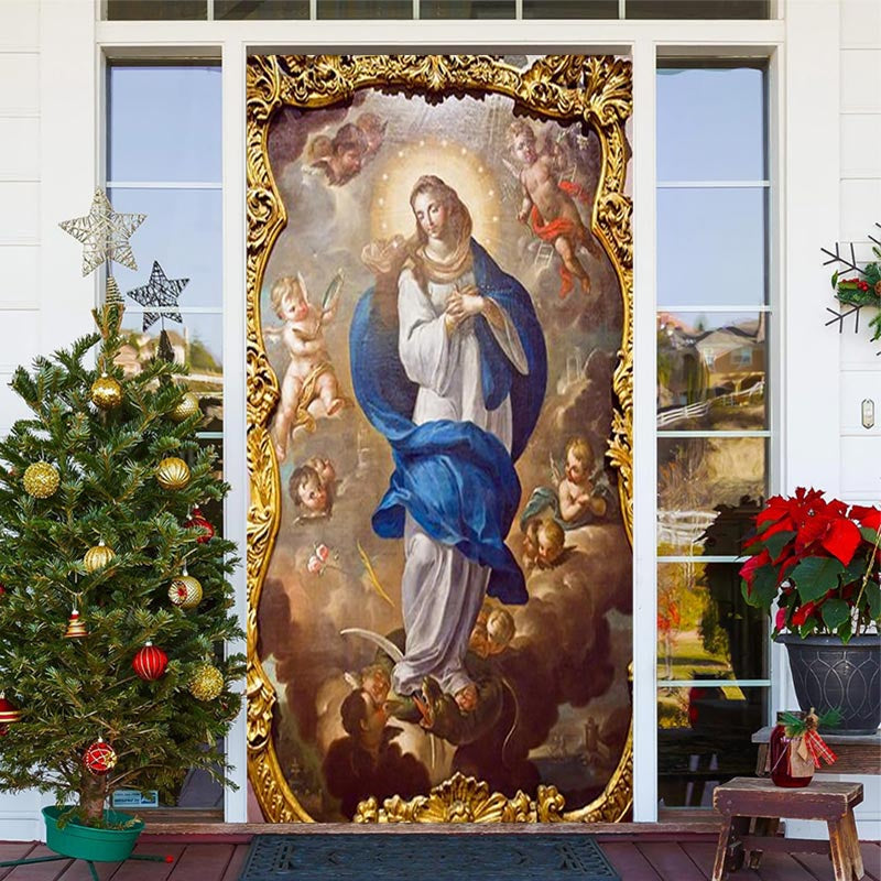 Aperturee - Gold Holy Woman Cute Baby Merry Christmas Door Cover