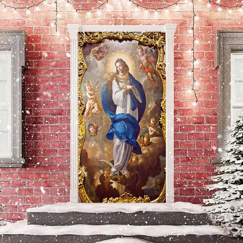 Aperturee - Gold Holy Woman Cute Baby Merry Christmas Door Cover