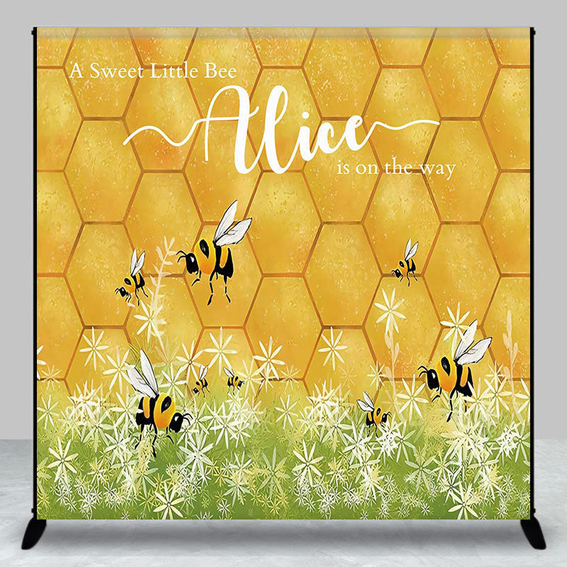 Aperturee - Gold Honey Bees Flower Custom Baby Shower Backdrop