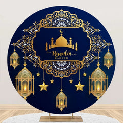 Aperturee - Gold Islamic Castle Blue Round Eid Mubarak Backdrop