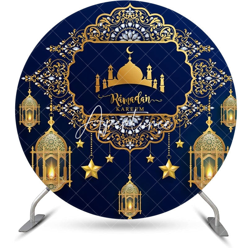 Aperturee - Gold Islamic Castle Blue Round Eid Mubarak Backdrop