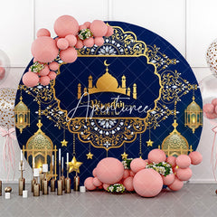 Aperturee - Gold Islamic Castle Blue Round Eid Mubarak Backdrop