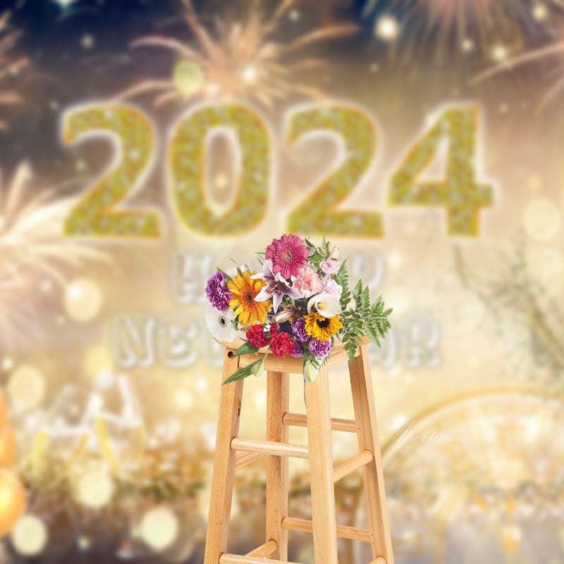 Aperturee - Gold Light Spark Cute 2023 Happy New Year Backdrop