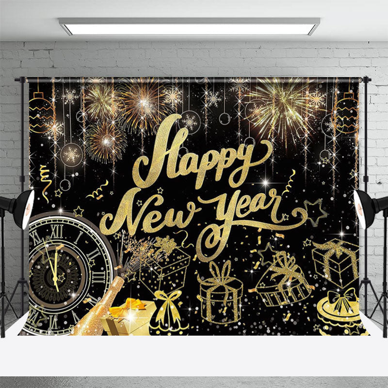 Aperturee - Gold Line Clock Gift Glitter Black New Year Backdrop