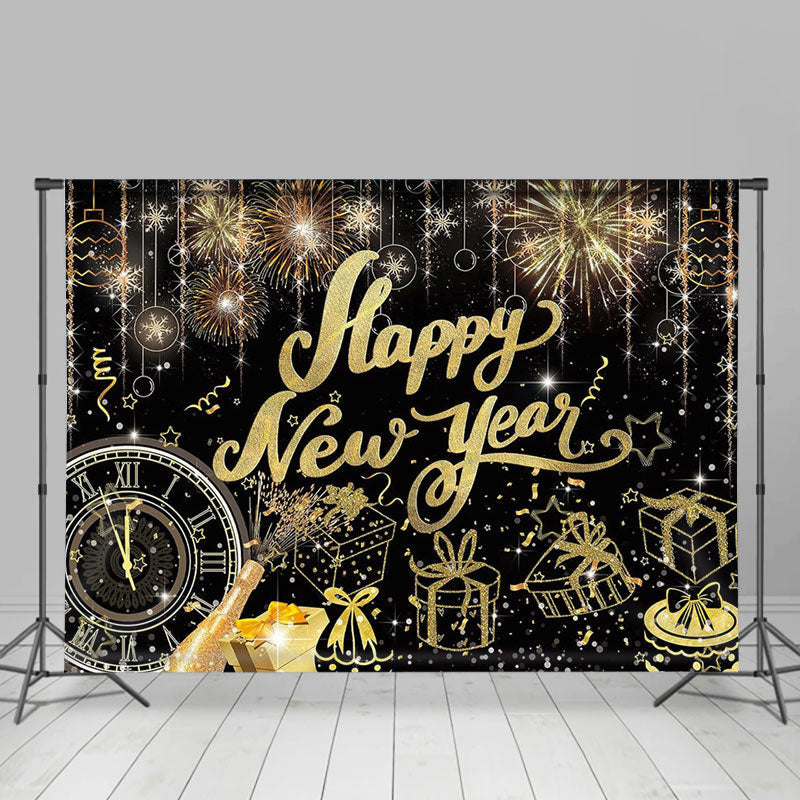 Aperturee - Gold Line Clock Gift Glitter Black New Year Backdrop