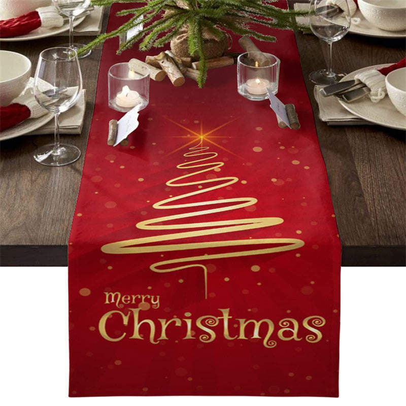 Aperturee - Gold Line Tree Bokeh Red Christmas Table Runner