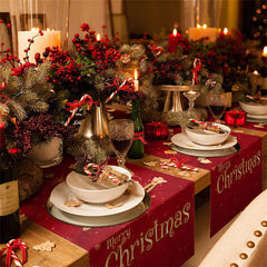 Aperturee - Gold Line Tree Bokeh Red Christmas Table Runner