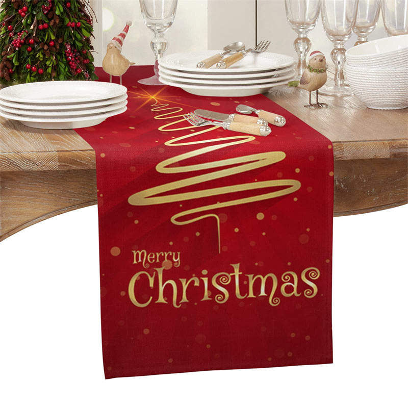 Aperturee - Gold Line Tree Bokeh Red Christmas Table Runner