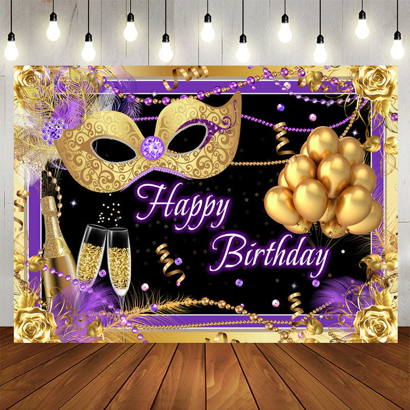 Aperturee - Gold Mask And Balloon Purple Backdrop For Birthday Party