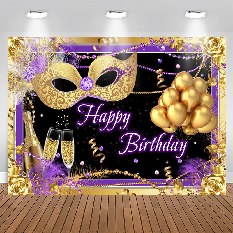 Aperturee - Gold Mask And Balloon Purple Backdrop For Birthday Party