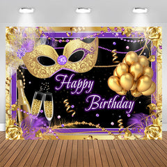 Aperturee - Gold Mask And Balloon Purple Backdrop For Birthday Party