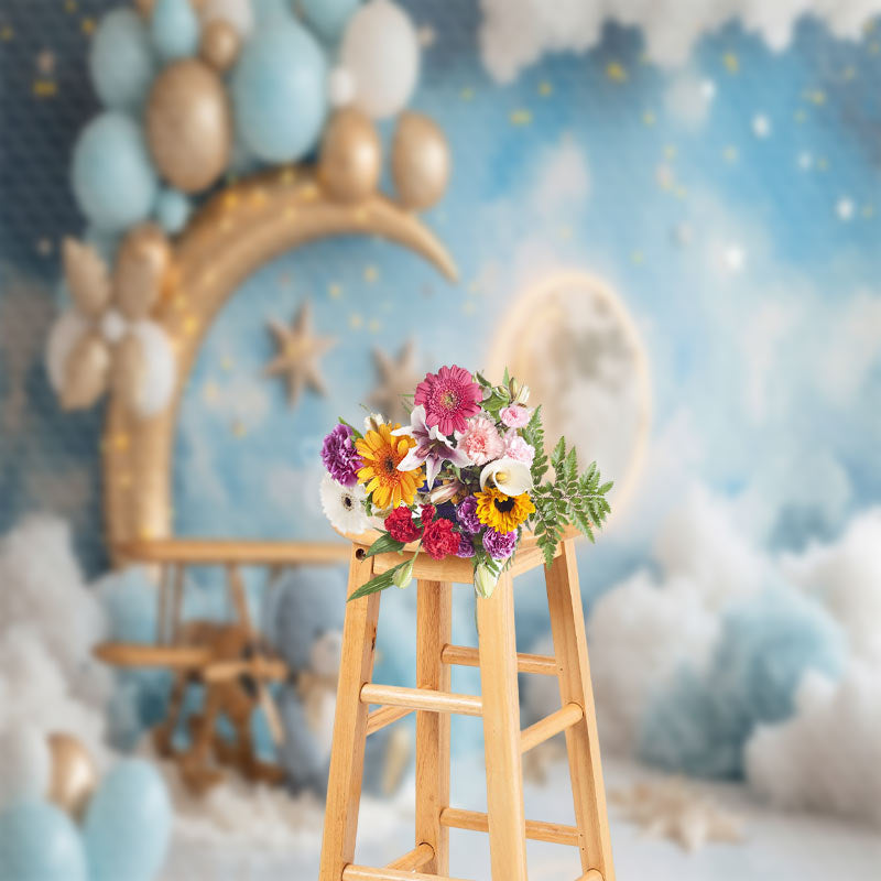 Aperturee - Gold Moon Plane Teddy Bear Backdrop For Cake Smash