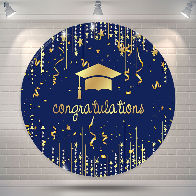 Aperturee - Gold Mortarboard Blue Circle Congrats Grad Backdrop