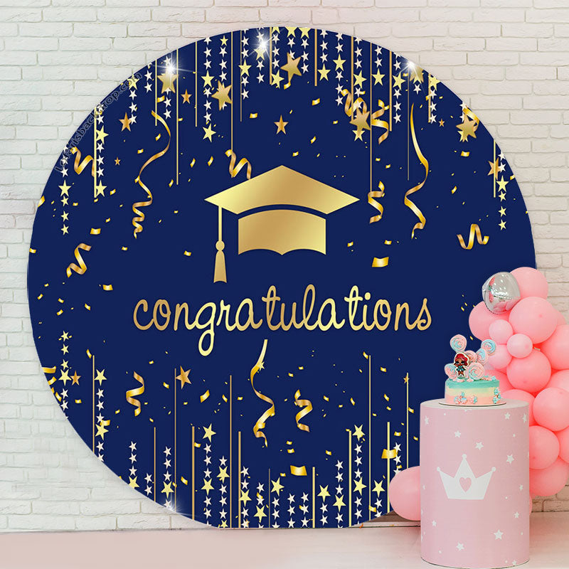 Aperturee - Gold Mortarboard Blue Circle Congrats Grad Backdrop