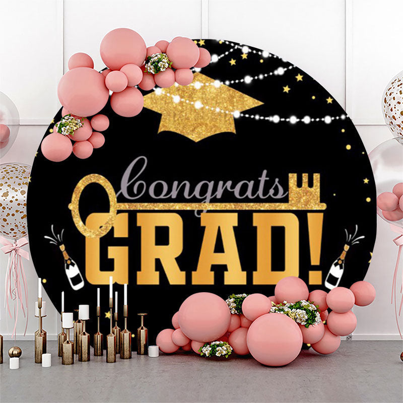 Aperturee Gold Mortarboard Lights Round Congrats Grad Backdrop