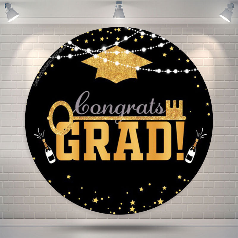 Aperturee Gold Mortarboard Lights Round Congrats Grad Backdrop