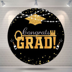 Aperturee Gold Mortarboard Lights Round Congrats Grad Backdrop