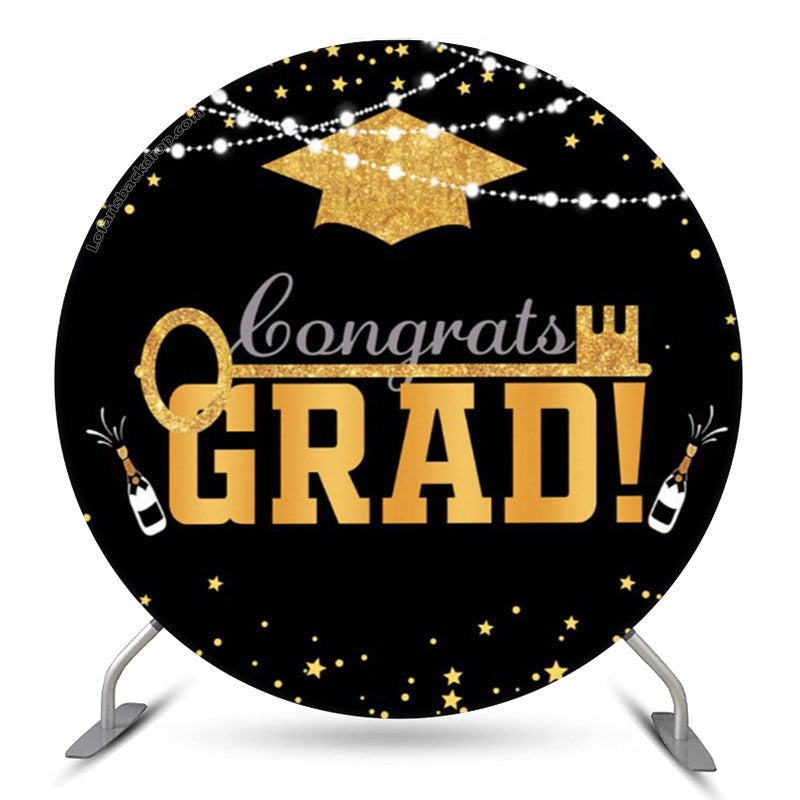 Aperturee Gold Mortarboard Lights Round Congrats Grad Backdrop